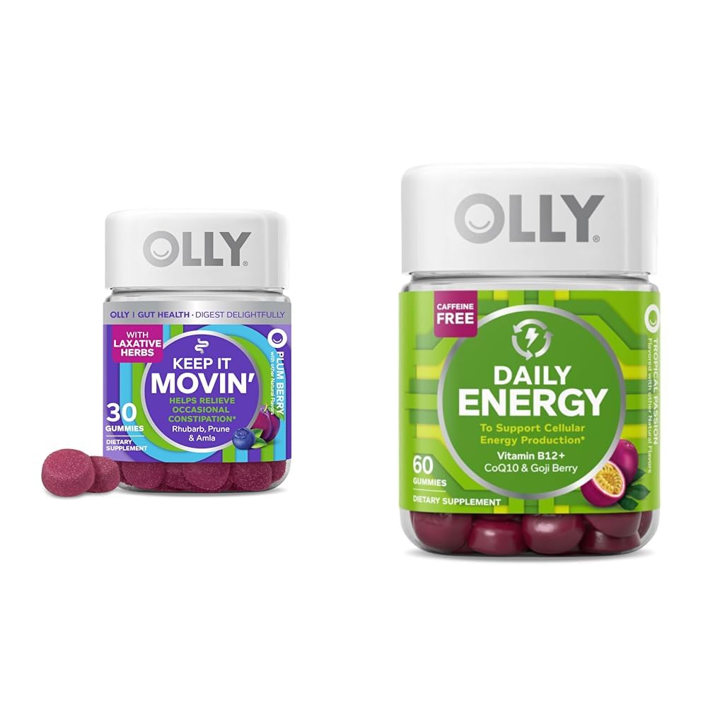 OLLY便秘救済30ct、エネルギーGummy 60ct - Rhubarb Prunes Amla Berry、B12 CoQ10 Goji Tropical