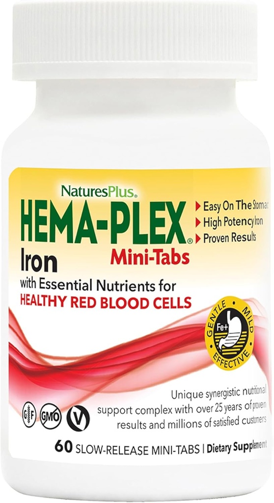 NaturesPlus Hema-Plex アイロン - 60 スローリリースミニタブ - 2 パック - 85 mg ケレート鉄 - 総血の健康 - ビタミン C ・ バイオフラボノイド - ビーガン、グルテンフリー - 60 総給