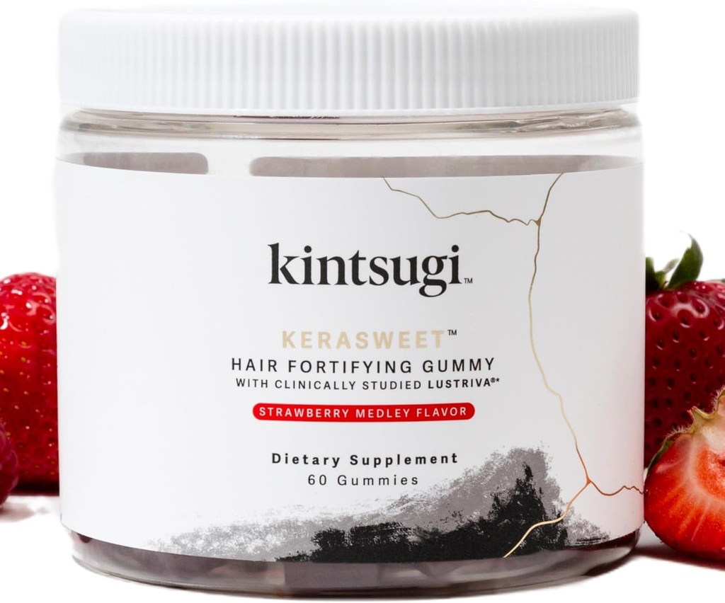 Kintsugi KeraSweet 髪 毛 強化 Gummy- 助け 戦闘 サイン の 老化 髪, サプリメント のための 強い, ボリューム ストランド- サポート ヘルシー, フルア 見える 髪 w/ B12, 見た Palmetto, ACV ( いちご, 60ct)
