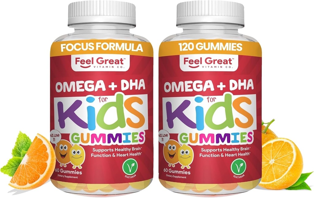 Feel Great Vitamins Kids DHA Gummies with Omega 3 6 9, Vitamin C (2-Pack) | Supports Healthy Brain Function, Vision & Heart Health | Gluten Free, Vegetarian | 60 Gummies