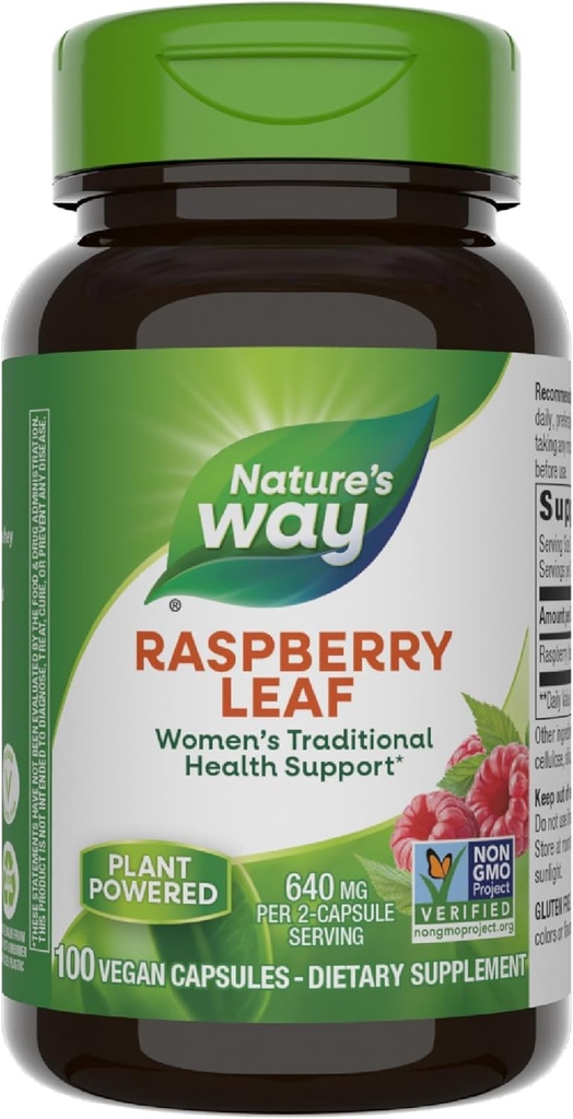 Nature's Way Raspberry Leaf, Traditional Support for Women's Health*, 640 mg per 2-Capsule Serving, Vegan, Non-GMO Project Verified, 100 Capsules (Packaging May Vary)