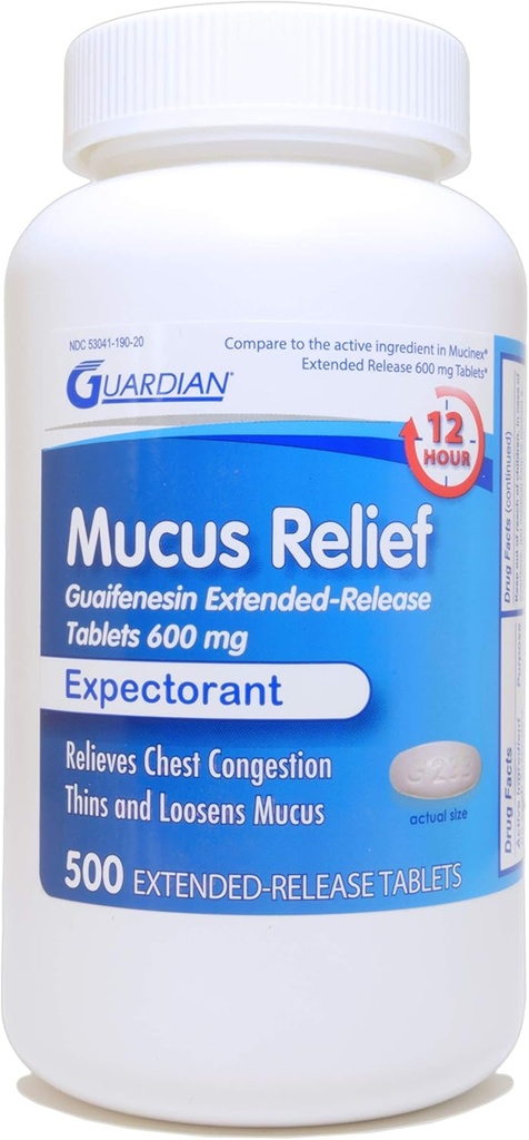 Guardian Mucusの救助、600mg Guaifenesin 12時間の延長解放、箱の混雑の Expectorant (500の計算のびん)