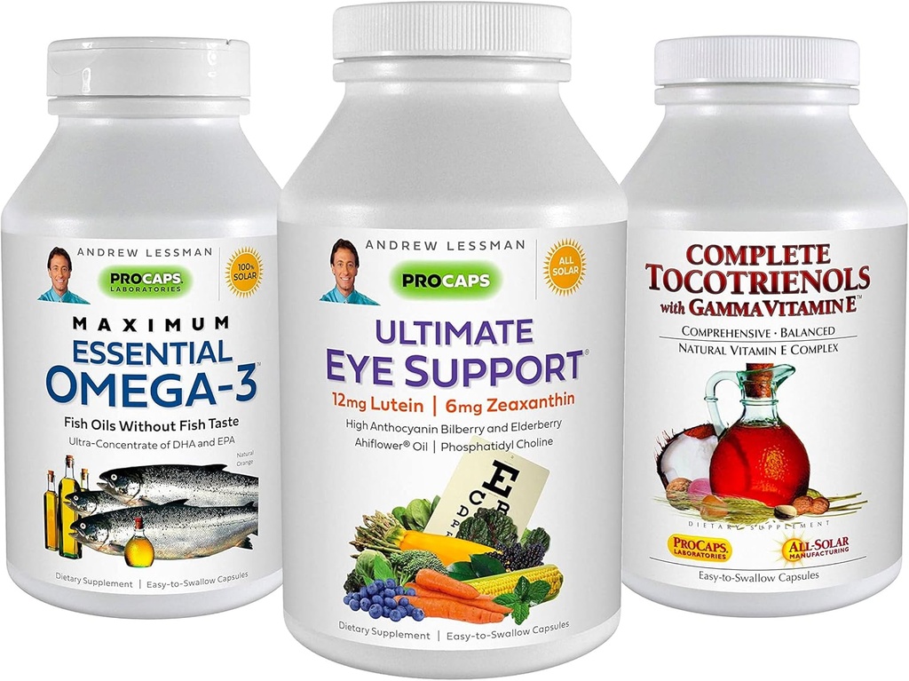 ANDREW LESSMAN 3 Product Eye Health Bundle - 360 Softgels Each of Ultimate Eye Support, Maximum Essential Omega-3 and Complete Tocotrienols. Promotes and Supports Eye Health.