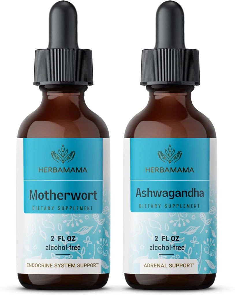 HERBAMAMAの草の液体の低下のキット-マザーワートのエキスの束及びAshwagandha Tincture 2のflのoz - ビーガン、非GMOの砂糖及びアルコールフリー - 2のパック