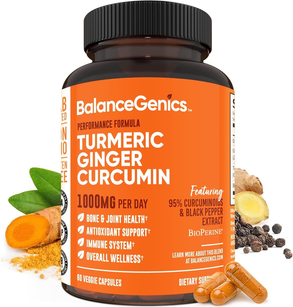 Turmeric Curcumin Supplement with Black Pepper & Ginger Root 1000mg | Optimized Formula 95% Curcuminoids Curcuma | Joint Health & Inflammation Support | 60 Capsules Powder Filled