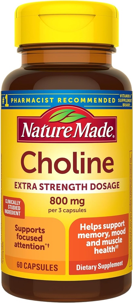 Nature Made Extra Strength Dosage Cholineは、3カプセル、脳の健康、気分、筋肉と肝臓のサポート、ベジタリアン、60カプセル、20日の供給ごとに800 Mgを補います