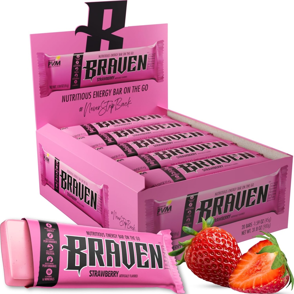 Braven Bar Strawberry Energy Bars (1.59 oz, Pack of 20) – Energy Chews with 5g Protein – On-the-Go Energy Snacks for Running, Hiking, and Sports - Gluten Free Snacks for Sustained Energy Boost