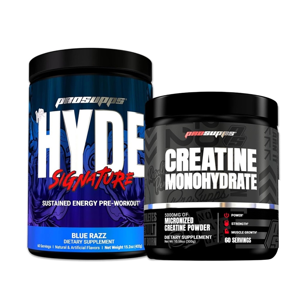 PROSUPPS Hyde Signature Sustained Energy Pre-Workout, Blue Razz - 60 Servings, and Creatine 300 Bundle