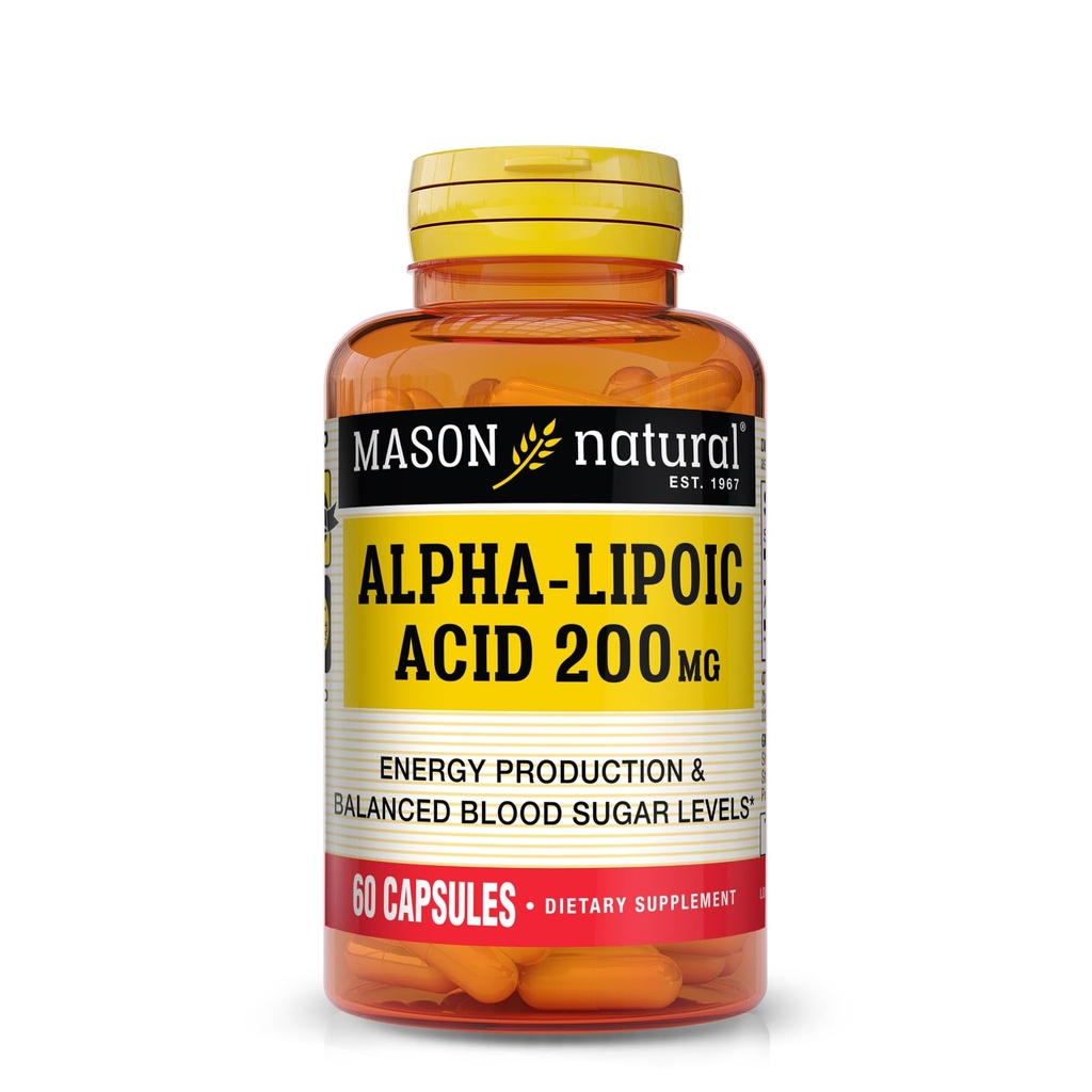 MASON NATURAL Alpha Lipoic Acid 200 mg, Gluten Free ALA, 60 Day Supply | 200mg alpha lipoic acid per capsule, water & fat soluble dietary supplement to support cellular function & energy metabolism