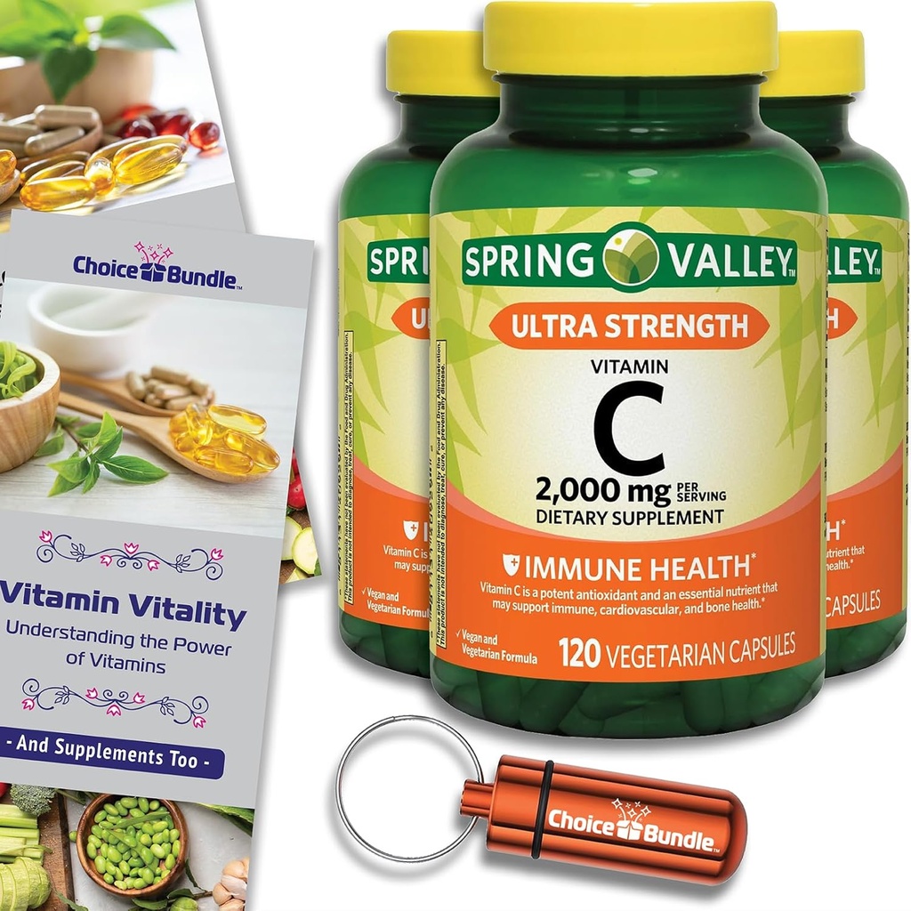 Choice Bundle Spring Valley Ultra Strength Vitamin C Capsules Dietary Supplement 2,000 mg 120 Ct 3 pk (360 Total) + Vitamin Guide & Pill Container (5 Items)!