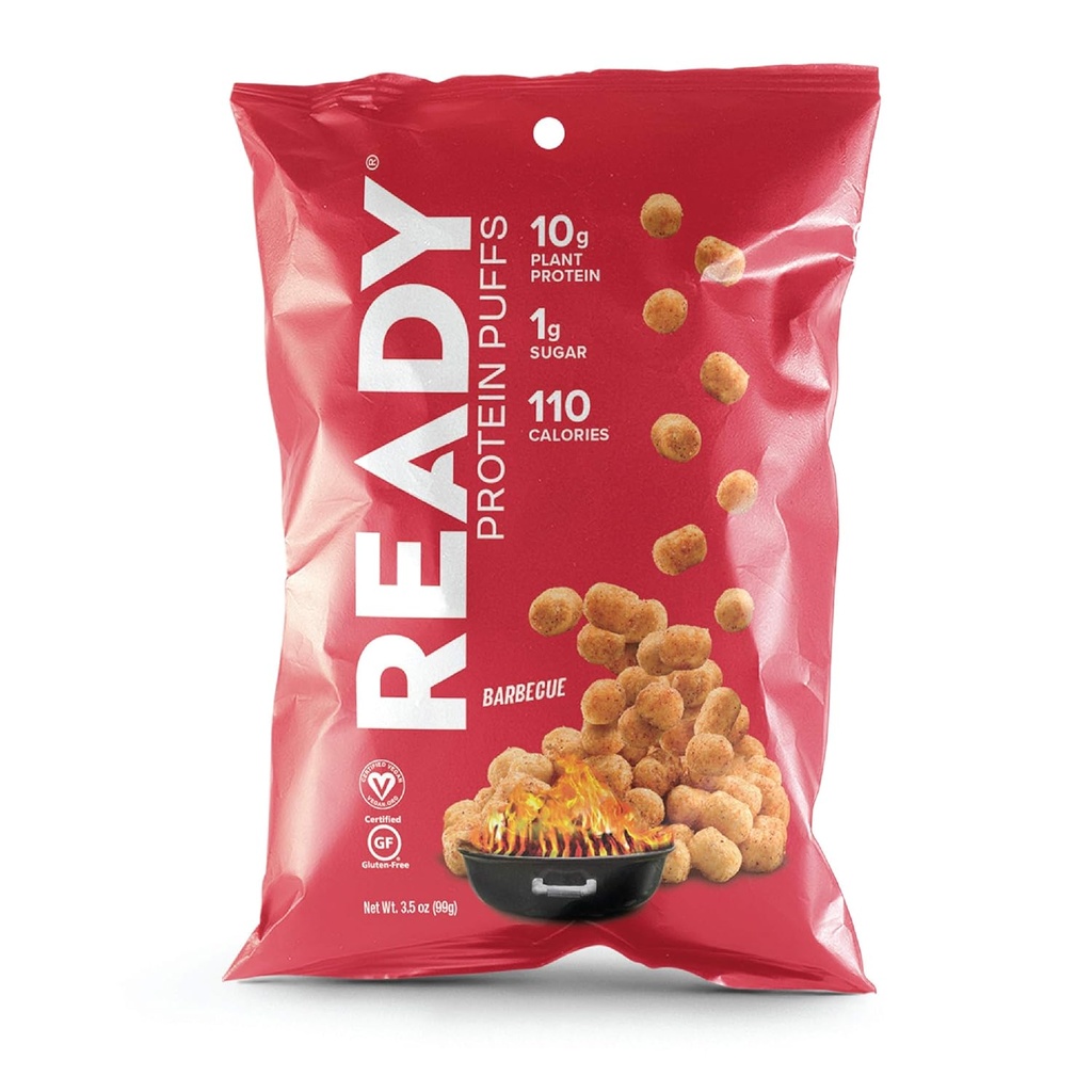 Ready® タンパク質パフ – ギルトフリー, 高プロテインクランキースナック – 10g 植物ベースのタンパク質, 110 カロリー – ビーガン, グルテンフリー, 人工味なし – バーベキュー (ケース 6, 3.5 oz バッグ)