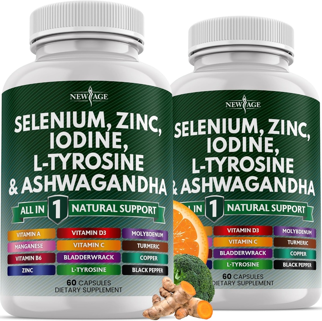 NEW AGE Selenium, Zinc, Iodine, L Tyrosine, Ashwagandha - Supplement for Women and Men with Bladderwrack, Turmeric, Silica Kelp, Schisandra - 120 Count
