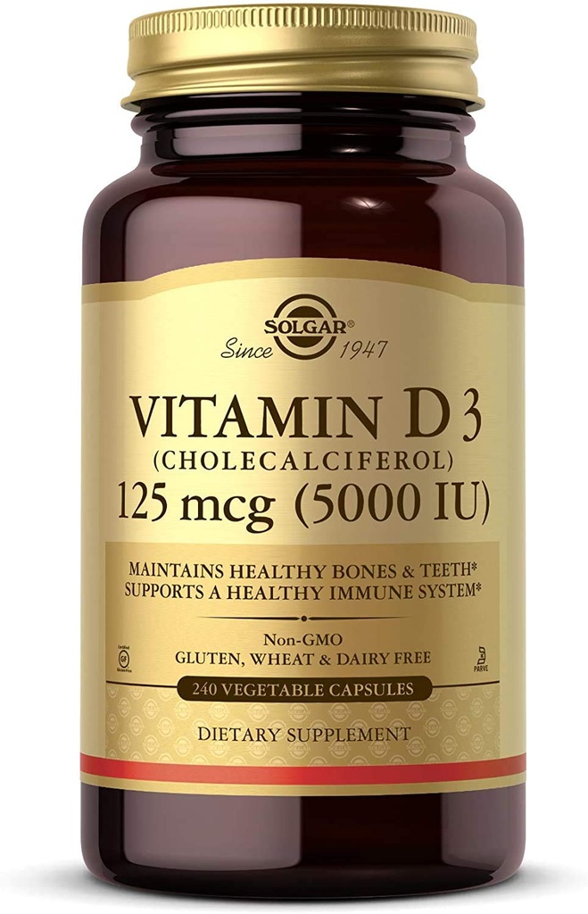ソルガービタミンD3(Cholecalciferol)125mcg(5000 IU)、240野菜カプセル - ヘルシーボン&ティースを維持するのに役立ちます - 免疫システムサポート - 非GMO、グルテンフリー - 240トータルサービング