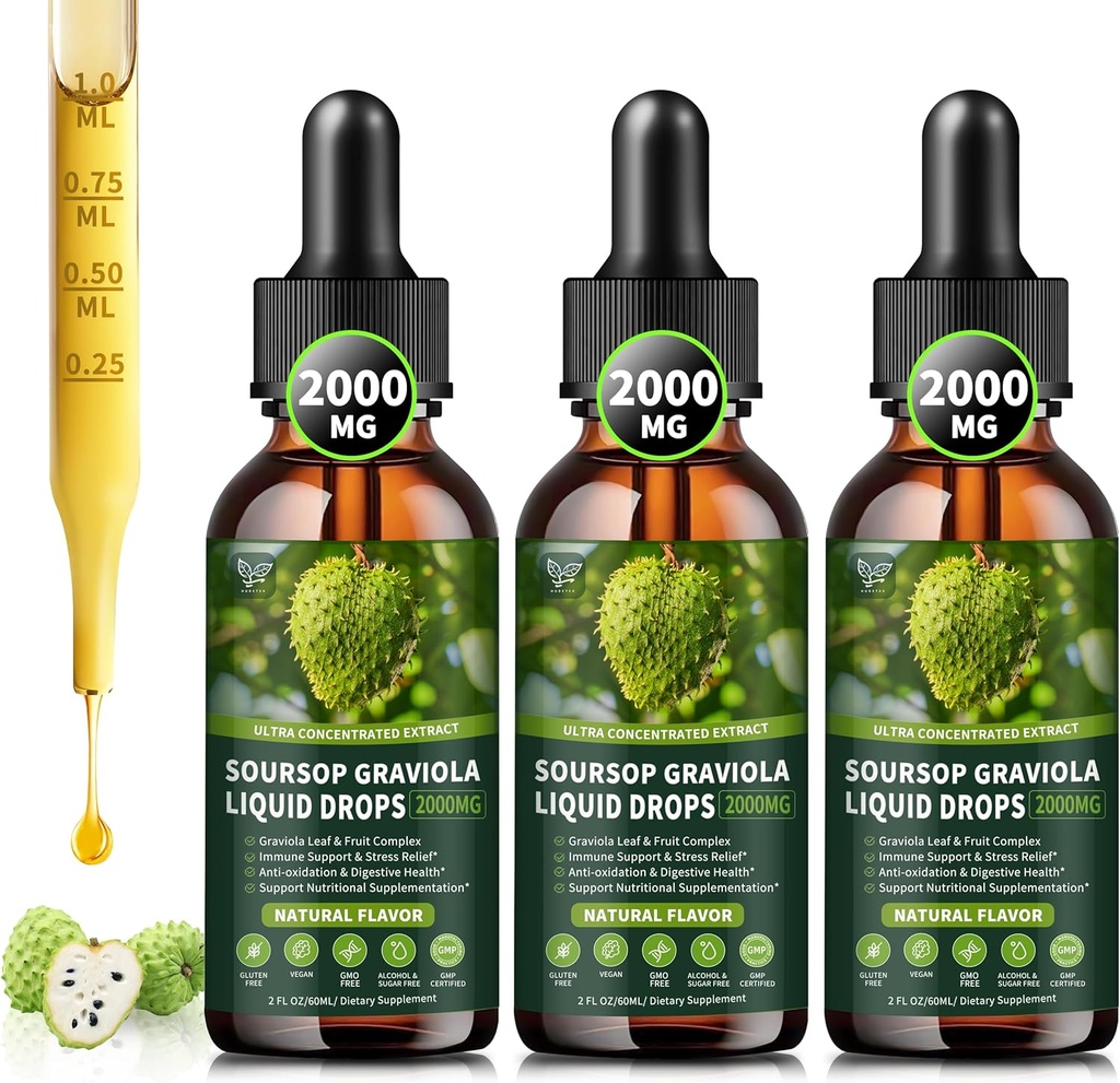 (3パック)サワーソップグラビオラ液滴2000mg、細胞サポート&再生のための98%吸収、免疫ブースト、肝臓、ハーブグッズ、サワーソップビター液体砂糖/グルテンフリー、ナチュラルフレーバー、6 Flオズ