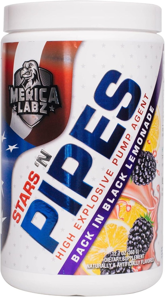 'Merica Labz Stars 'N Pipes High Explosive Pump Agent, Stimulant-Free, 6G of L-Citrulline, 20 サービング (ブラック・レモネード)