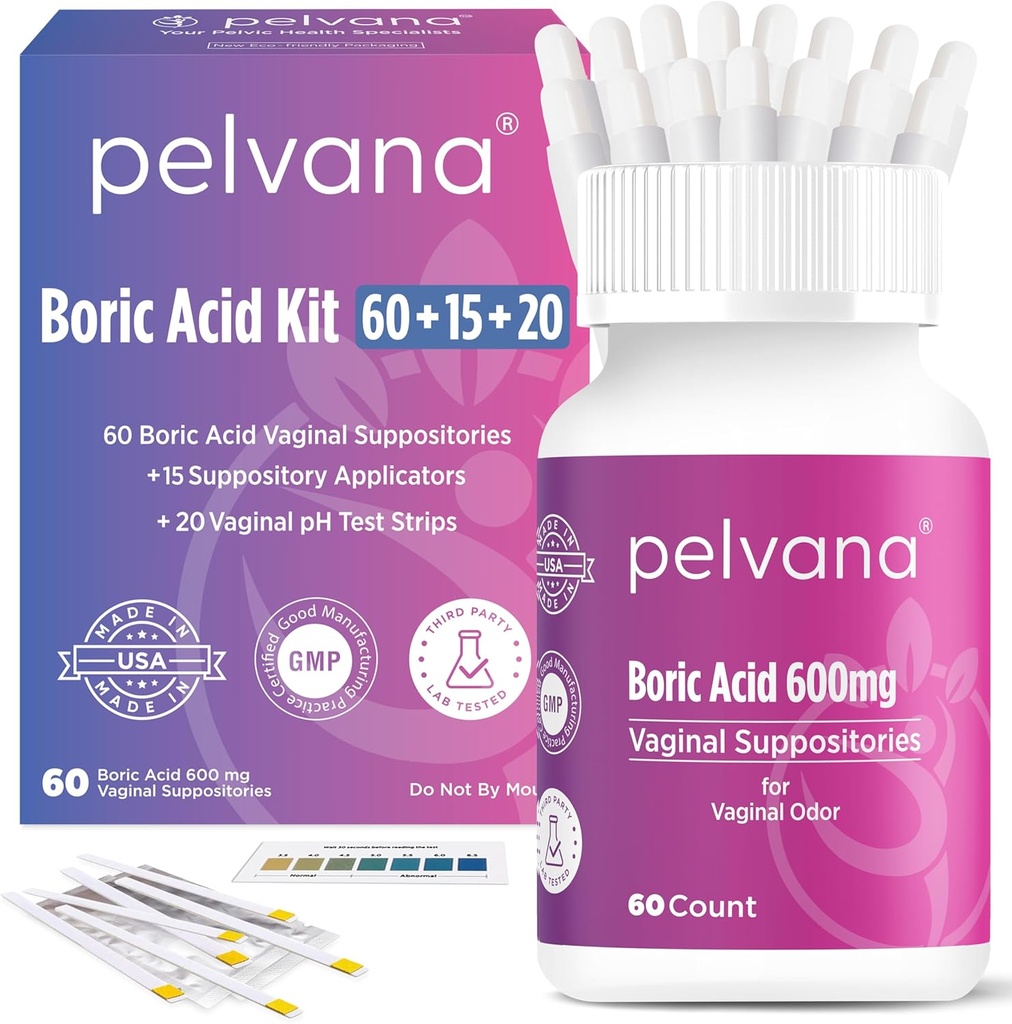 女性60 + 15のアプリケーターのためのPelvanaのホウ素の酸のSuppositories + 20 pHテスト ストリップ=腟の臭気のための95部分のキット-米国でテストされる第三者の実験室