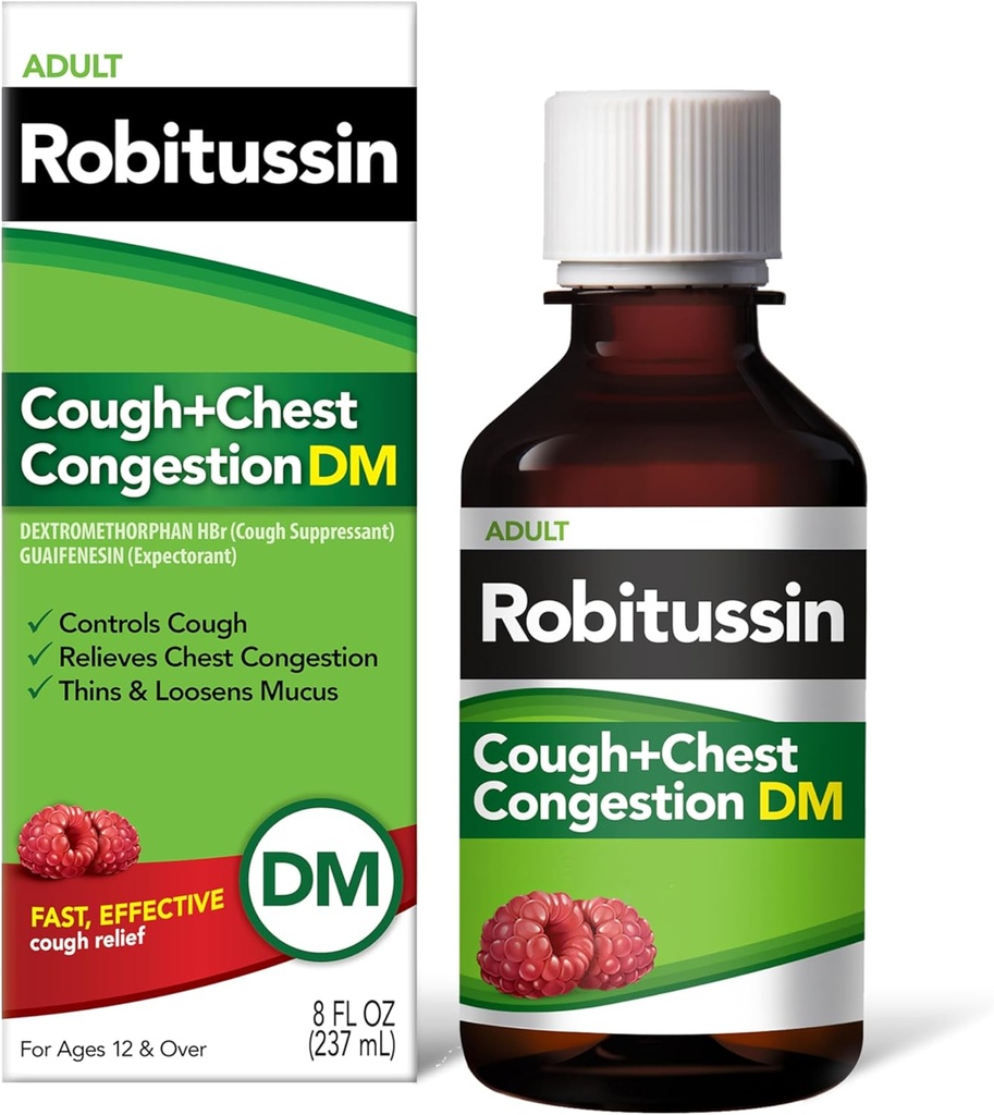Robitussin Cough and Chest Congestion DM, Cough Suppressant and Expectorant, Raspberry Flavor - 8 Fl Oz Bottle