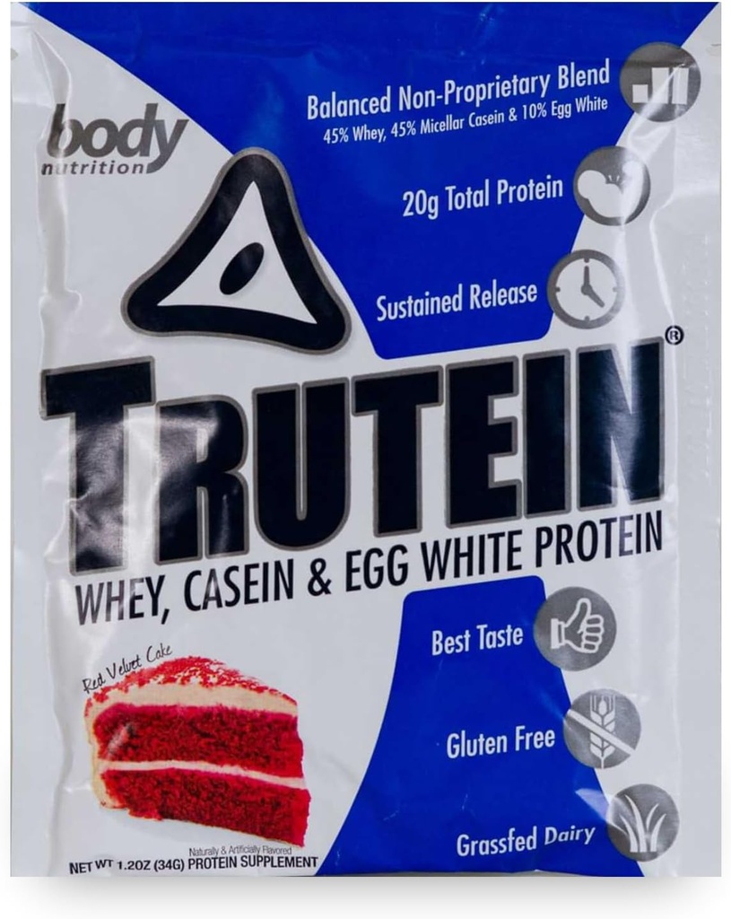Body Nutrition Trutein High Protein Powder: 45% Whey, 45% Casein, 10% Egg White, Gluten-Free, Low Sodium, Grass Fed Whey Protein Powder, Gym Supplement & Breakfast Shake, Red Velvet Cake, 34g Sample