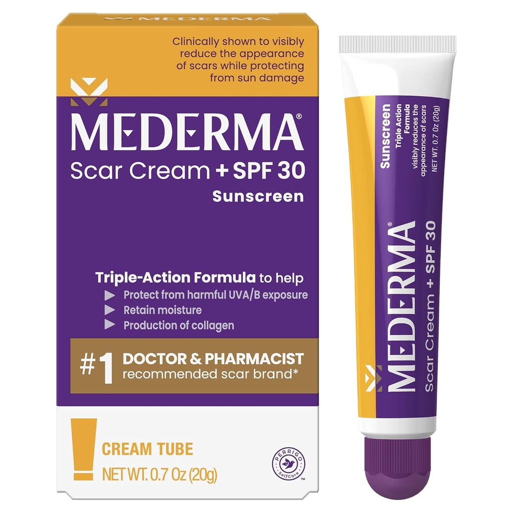 MedermaスカークリームプラスSPF 30 - 高度の傷の処置は、太陽損傷から保護しま、アクネ、焼跡、外科及び傷害、0.7 ozからの傷の出現を減らします