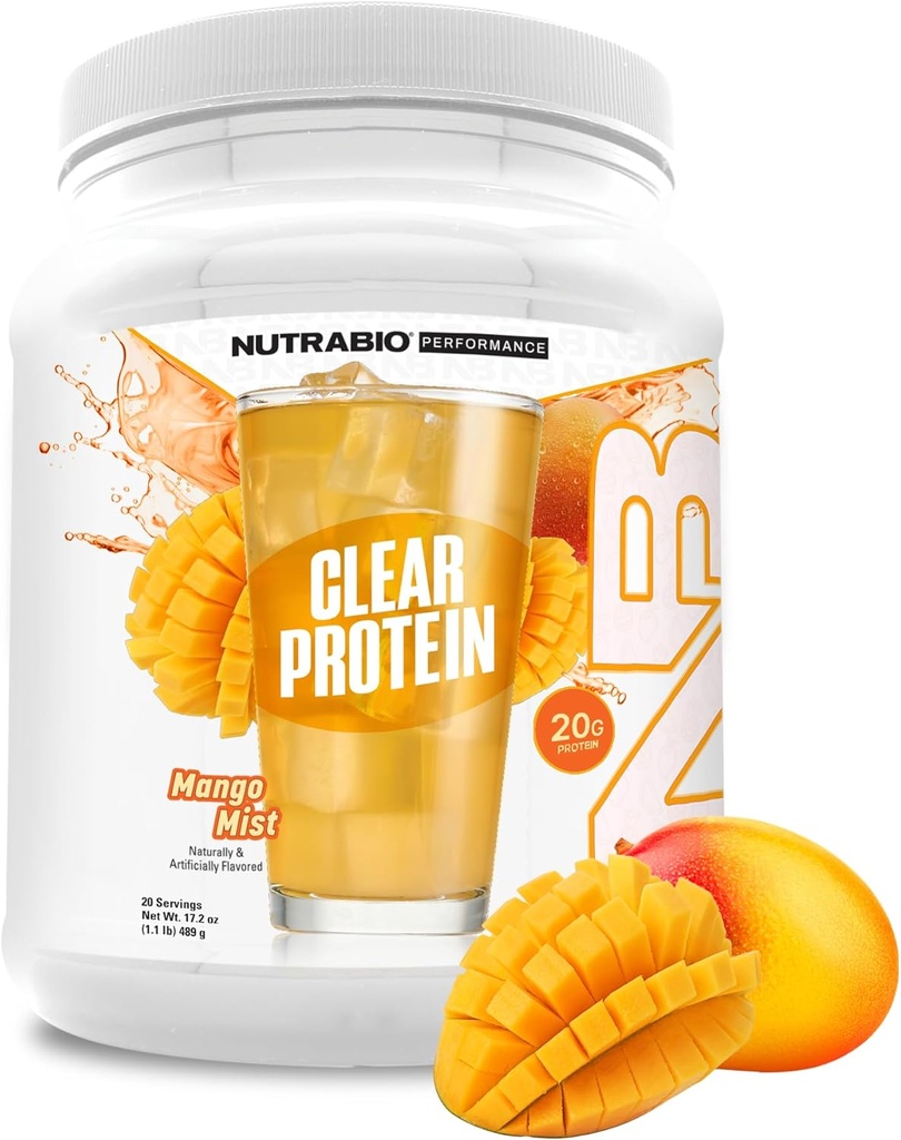 NutraBioクリアプロテインパウダー、マンゴーミスト - 20サービング、20gクリアウィープロテインアイソレート、0砂糖、0gラコース、リフレッシュフルーツ味、GLP1サポート - 骨の健康 - 筋肉ポストワークアウト回復