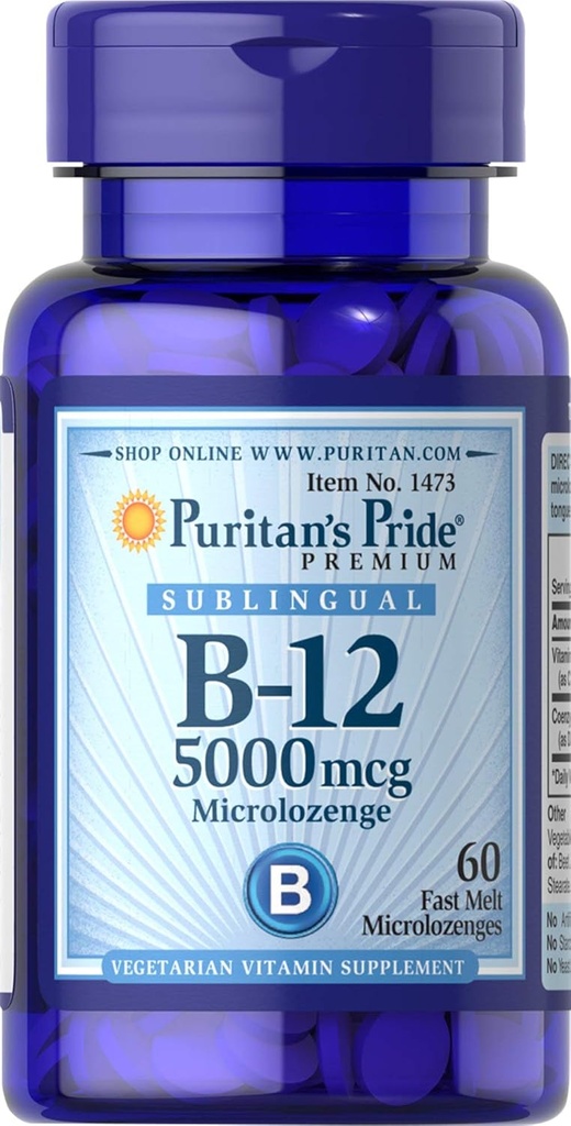 Puritans プライド ビタミン B-12 は、食品をエネルギーに変換するのに役立ちます* 5000 マック サブリンガル マイクロローゼンジ、60 カウント (パッケージ 1)