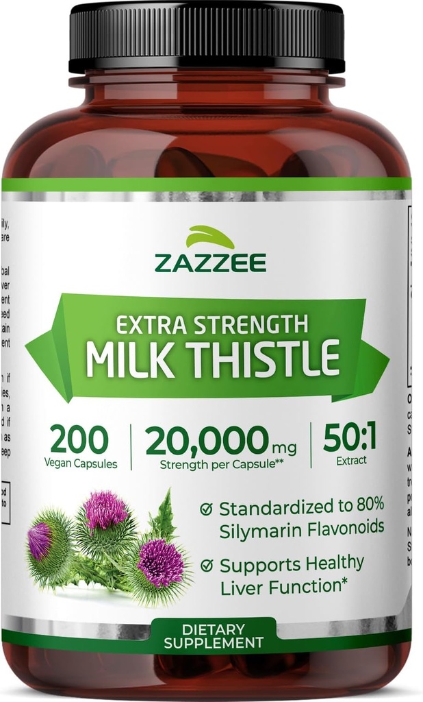 Zazzeeの有機性ミルクのThistle 50:1のエキス、20,000のmgの強さ、200のビーガン カプセル、80%のSilymarinのフラボノイド、6か月にわたる供給、標準化され、集中された50Xのエキス、全性および非GMO
