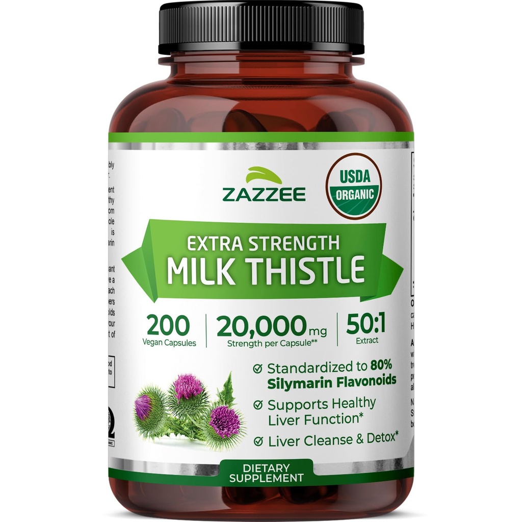ZazzeeのUSDAの有機性ミルクのThistle 50:1のエキス、80%のシリマリンのフラボノイド、200のビーガン カプセル、6+か月の供給、シリブムのMarianumのレバー サポート及びデトックス サポート、有機性オールナチュラル、非GMO、米国で作られる