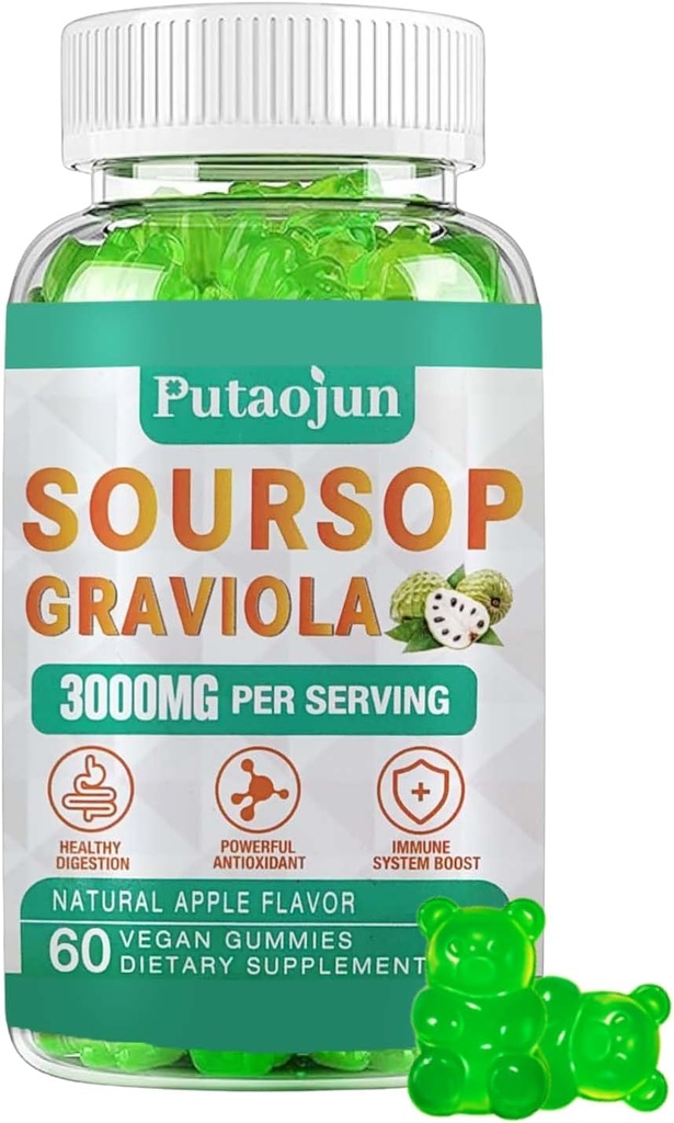 Soursop Graviola Gummies | 2000mg Soursopは、消化器、細胞サポート、免疫サポート、抗酸化剤の抽出物を取り除きます | 高吸収剤 | 非GMO、ビーガン、60グミ