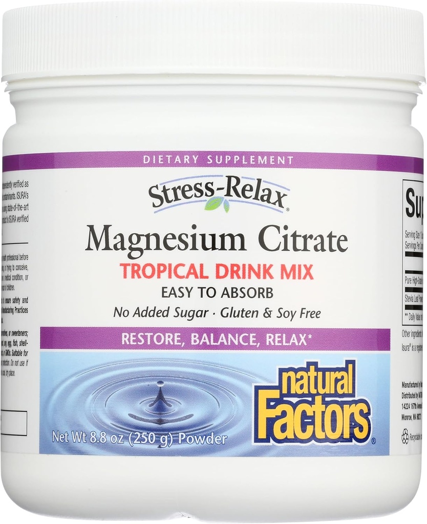 Stress-Relax Magnesium Citrate Drink Mix by Natural Factors, Restores Normal Levels of Magnesium & Balances Calcium Intake, Non-GMO, Tropical Flavor, 8.8 oz (75 servings)