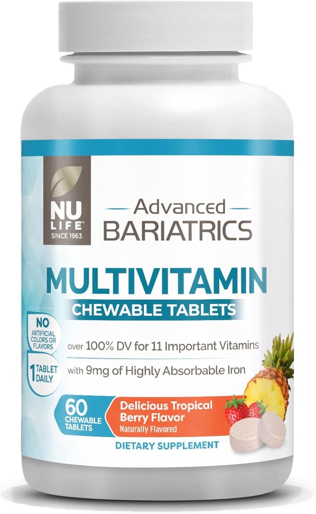 NU LIFEの高度のBariatricsのMultivitaminのChewableのタブレット、鉄が付いているBariatric Mulivitamin - 熱帯ベリー(60のChewableのタブレット)(包装5月Vary)