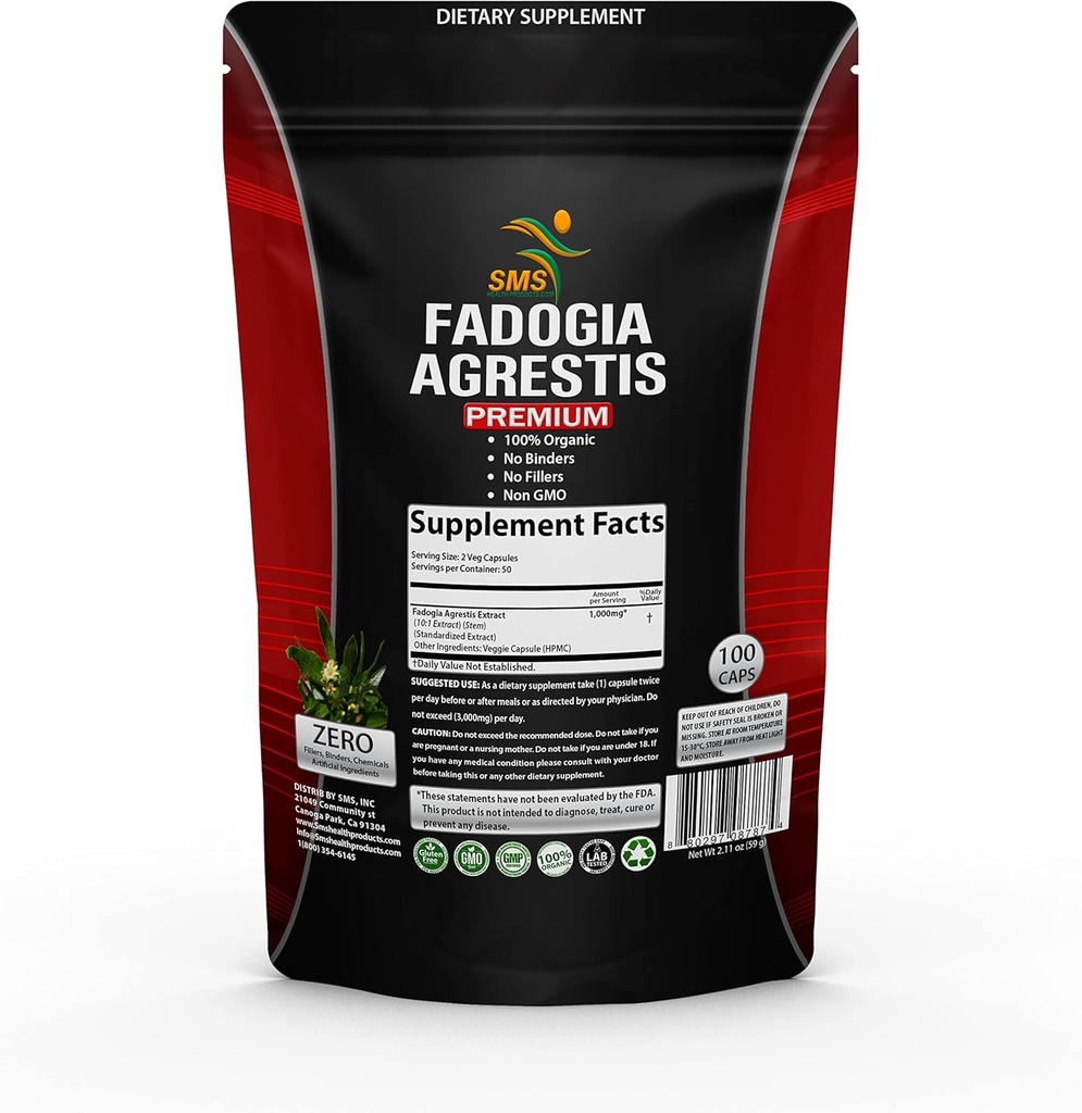 Fadogia Agrestis Extract Pills(最大強度)1,000mgのサービング | アスレチックパフォーマンス、強み、ドライブをサポート | オーガニック、非GMO、第三者テスト、サプリメント | 100 Veggie Capsule