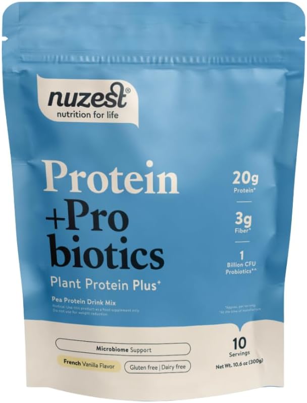 Nuzest - タンパク質 + プロバイオティクス - 腸の健康 - スーパーフードパウダー植物プロテインブレンド - 300g / 10.6 ozポーチ (10 サービング) (フランス語バニラ、300g)