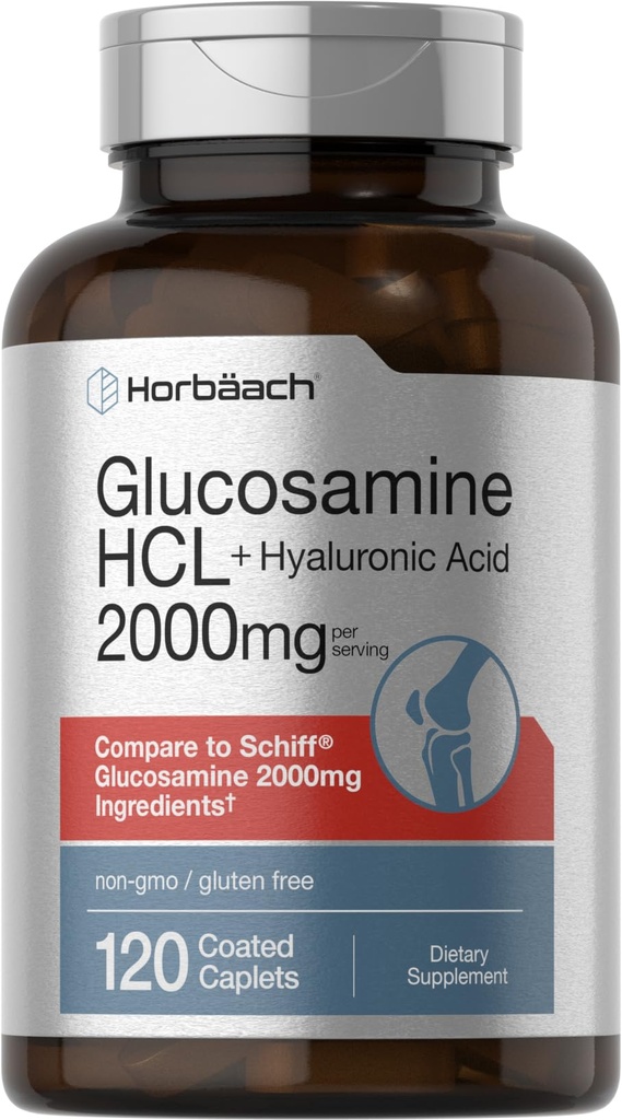 ホバハチグルコサミンHCL | ヒアルロン酸配合 | 2000mg | 120 コーティングカプレット | ノンGMO・グルテンフリーサプリメント
