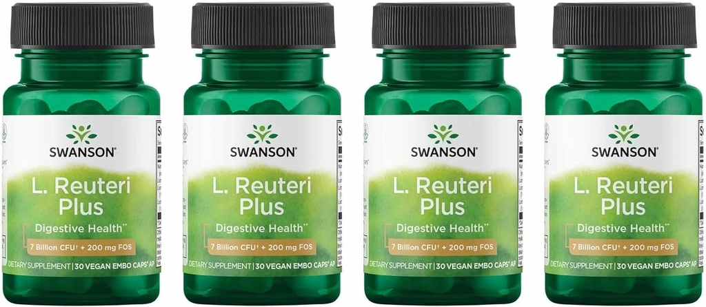 Swanson L. Reuteri Probiotic Plus w/L. Rhamnosus L. Acidophilus & FOS Prebiotic Digestive Support - Gut Health w/ 7 Billion CFU per Capsule - (30 Veggie Capsules) (4 パック)