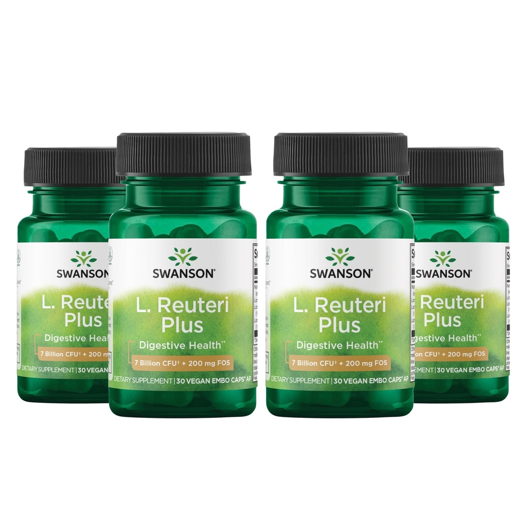 Swanson L. Reuteri Probiotic Plus w/L. Rhamnosus L. Acidophilus & FOS Prebiotic Digestive Support - Gut Health w/ 7 Billion CFU per Capsule - (30 Veggie Capsules) (4 パック)