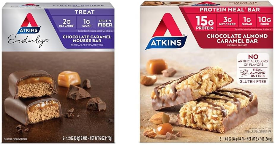 Atkins Endulgeチョコレートキャラメルムースバー、デザートのお気に入り、1g砂糖、繊維の高い5カウント&チョコレートアーモンドキャラメルバー、ケトフレンドリー、本物のアーモンドバター、5カウント(パッケージ1)