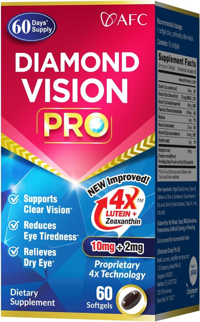 AFC Japan Diamond Vision PRO - 改良、アップセージド式 - ルテイン&ゼアキサンチン4X - 視覚健康成人用サプリメント、スクリーンエクスポージャー、ナイトユース、60Softgels