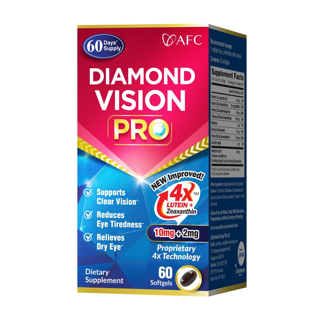 AFC Japan Diamond Vision PRO - 改良、アップセージド式 - ルテイン&ゼアキサンチン4X - 視覚健康成人用サプリメント、スクリーンエクスポージャー、ナイトユース、60Softgels