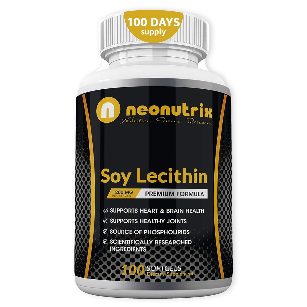 ソイレシチンカプセル1200mg(1日、100 Softgels)免疫サポートサプリメントPhospholipidsで豊富でメタボリズム、脳&心臓の健康とNeonutrixによって米国非GMOで作られた細胞機能をサポート