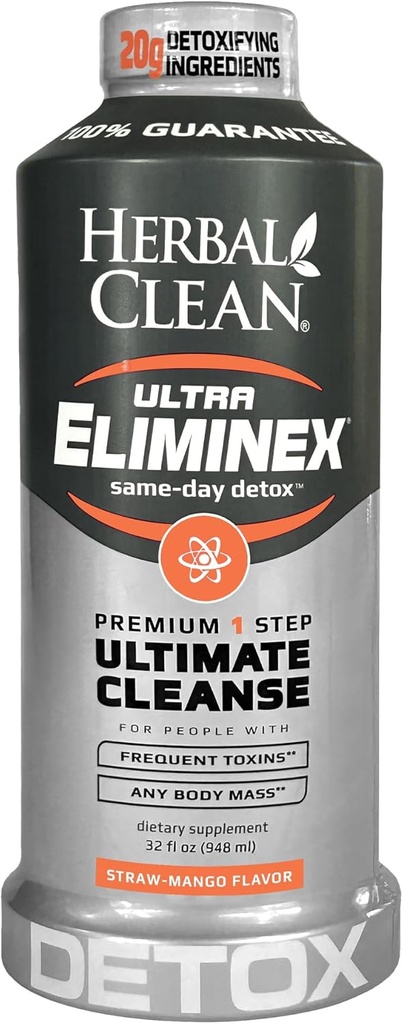 Herbal Clean Same Day Ultra Eliminex Detox Cleanse Drink* (32 fl oz) - Straw-Mango Flavor Full Body Cleanse Detox Drink with Milk Thistle Seed* for high Toxin*, Vitamin B12 for Men & Women