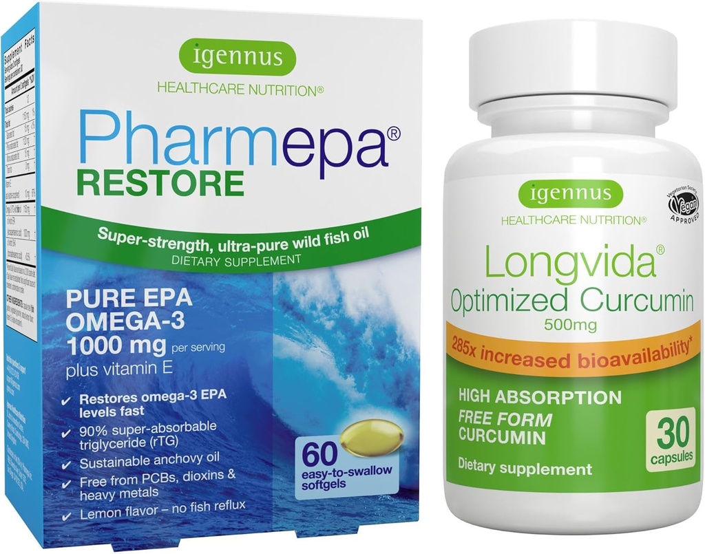 Pharmepa Restore&Longvida Lipidated Curcumin 500mgバンドル、1000mg純粋なEPA Omega-3フィッシュオイル&Ultra Bioavailable Curcumin、Igennusによる