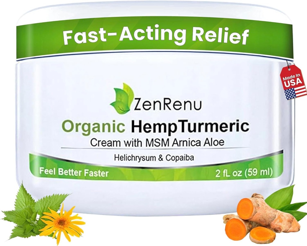Zenrenu Organic Hemp Turmeric Joints & Muscle Cream with Arnica, MSM, Hemp Oil Extract, & 7 Essential Oils - Non Greasy & Fast Absorbing for Back, Neck, Elbows, Knees, & Hip 2 oz
