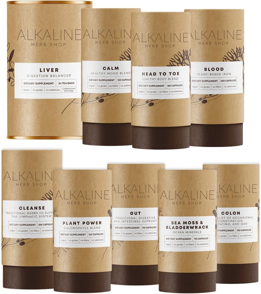 アルカリンハーブショップ ボディエッセンシャルバンドル - 海苔&ブラッドダーラック、クロロフィル、鉄、ハッピーヘルシーボディ、ハッピーコロン、ハッピーリンパ、ガット、ハッピーライバーティーとハッピームード