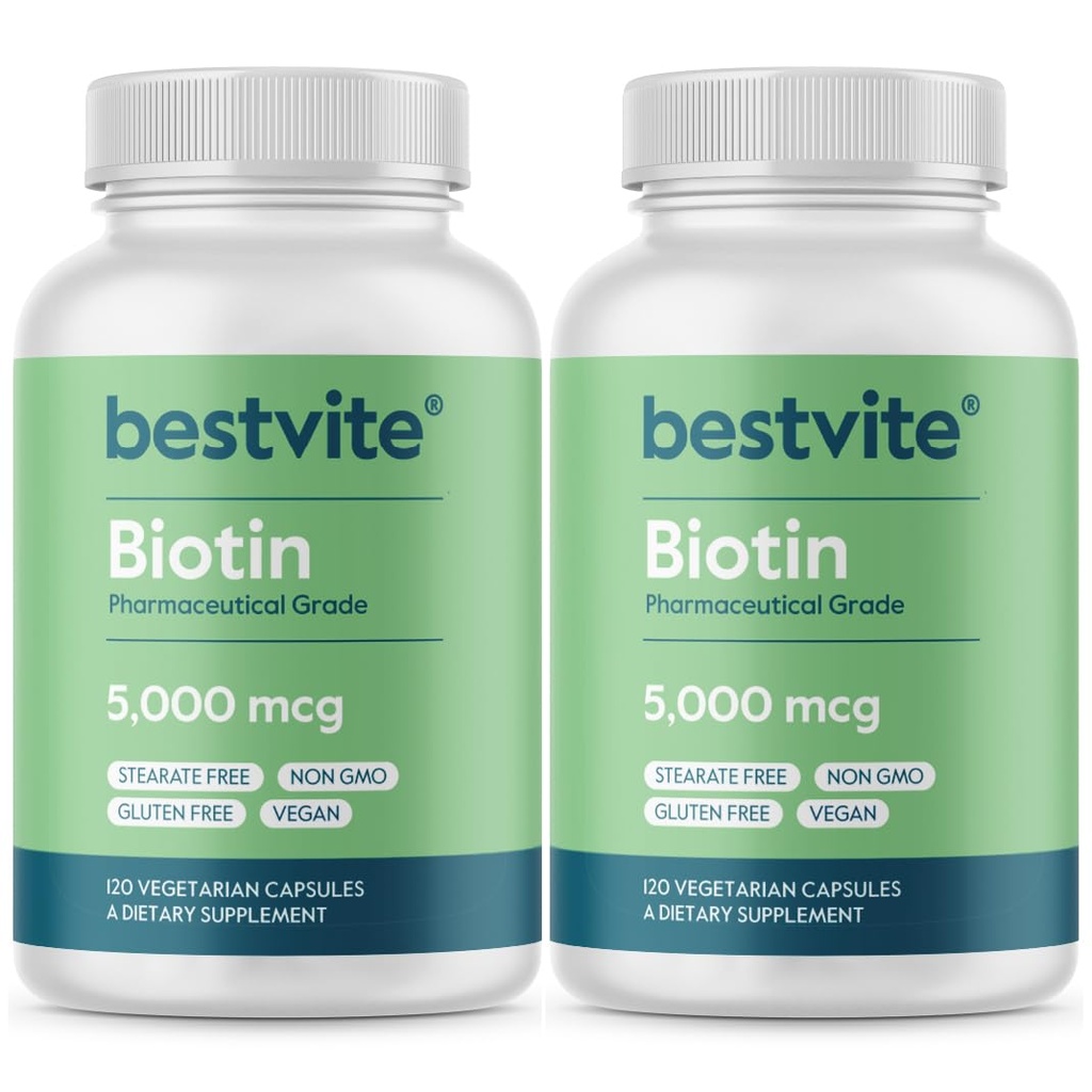 BESTVITE ビオチン5000mcg (240 ベジタリアンカプセル) (120 x 2) - ない Stearates - いいえフローエージェント - ビーガン - 非GMO - グルテンフリーグルテンフリー - 髪、皮膚、爪