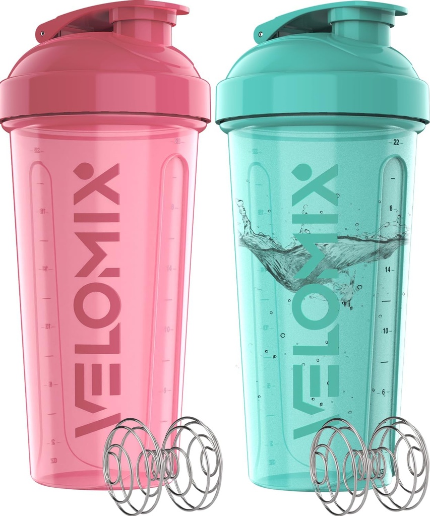 VELOMIX -2 パック- 28 oz プロテインミキサー用プロテインシェーカーボトル - 2x ワイヤーウィスク | リーク プロテインシェーク用プルーフシェーカーカップ | タンパク質シェーカーボトルパック(ピンク/ターキース)