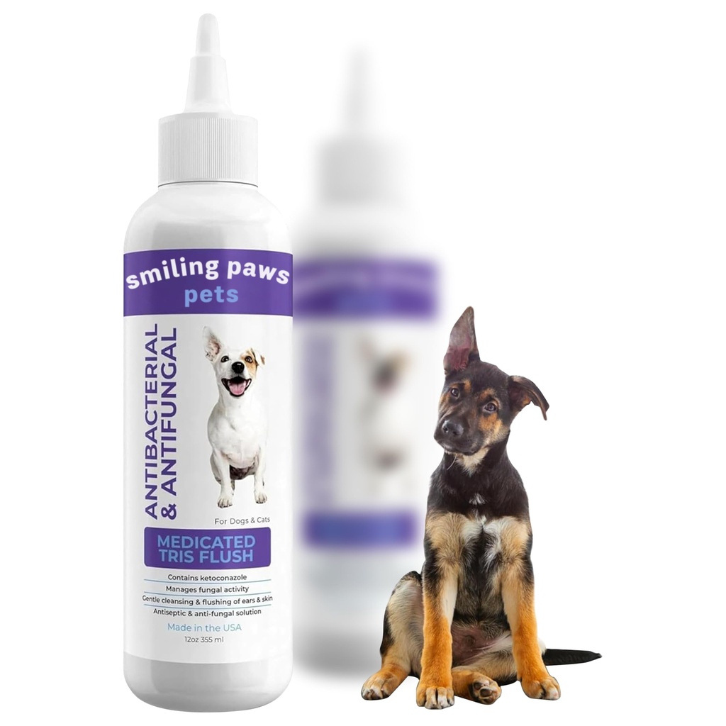 犬と猫のための犬と猫の耳の洗剤のための笑顔の足ペット薬のトリスフラッシュ犬の耳の洗剤のソリューションと感染症の治療 - 猫と犬の耳の洗浄はケトコナゾール12ozが含まれています