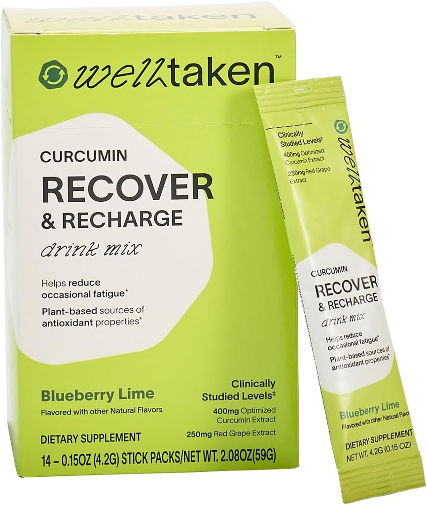Turmeric Curcumin Recover Powder - Blueberry Lime, 14ct Box - 400mg Optimized Curcumin, Pomegranate, Red Grape - Helps Reduce Occasional Fatigue – Vegan, 14 Servings