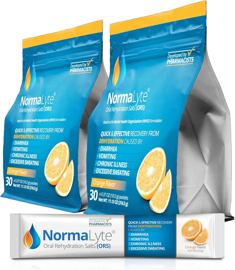 NormaLyte 経口水分補給塩-2 袋 - 60 スティック (Yields 500mL パックあたり)-オレンジ|エネルギー サプリメント、カリウム サプリメント、脱水回復およびクイック吸収