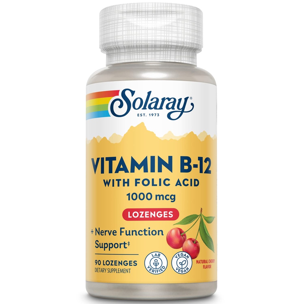 SOLARAY ビタミンB-12 1000mcg 葉酸味 | 天然チェリー風味 | ヘルシーエネルギーサポート | 90CT