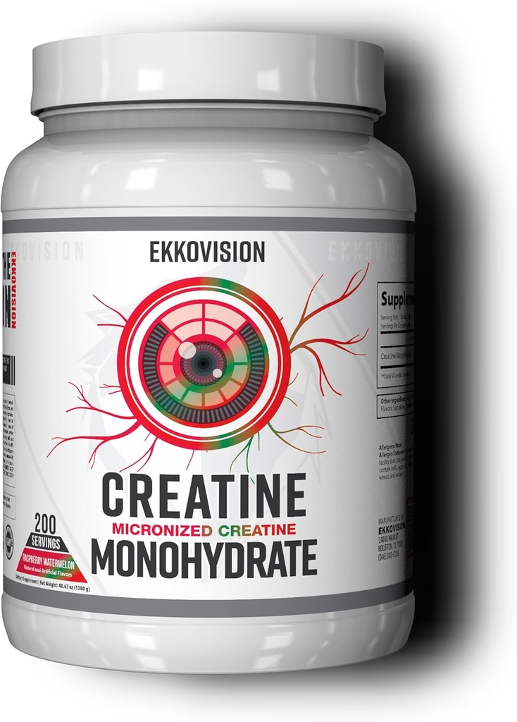 Ekkovision のクレアチンの Monohydrate の粉、 Micronized、ラズベリーの Watermelon、人および女性のためのプレ・アンド・ポストのワークアウトの補足、エネルギー サポート、シェイク、スムージー及び飲料、200 のサービングで混合すること容易
